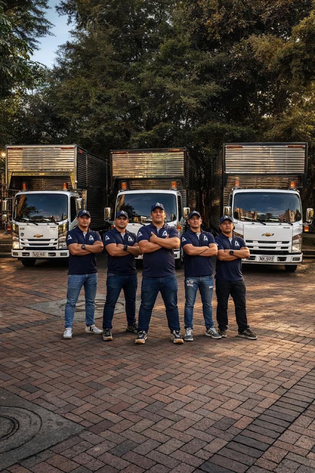 Equipo de A-mudar frente a su flota de camiones